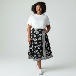 J JILL Womens Black White Floral Knit Maxi Skirt XL New Travel Office Artsy NWT